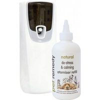 White Pet Remedy atomiser with black top and 250ml calming refill bottle featuring pet illustrations.