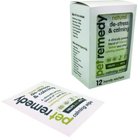 Pet Remedy Calming Wipes 12 Pack, white box with green text, includes sachet image with calming benefits listed.