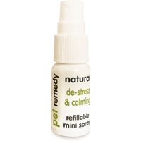 White Pet Remedy Mini Calming Spray bottle with green and black text, featuring a spray nozzle and refillable label.