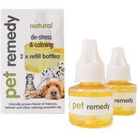 Pet Remedy Plug in Refill 2x40ml, two clear bottles with white caps, calming formula for pets.