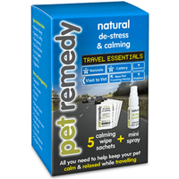 Pet Remedy Travel Essentials Kit with calming wipe sachets and mini spray in a blue and yellow box.