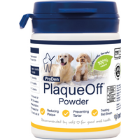 White PlaqueOff Powder container with blue lid, featuring images of a dog and cat, and text highlighting dental benefits.