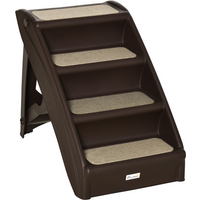 Brown portable pet stairs with four non-slip steps, designed for dogs and cats to access beds or sofas.