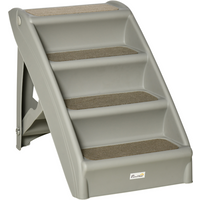 Grey portable pet stairs with four non-slip steps, designed for dogs and cats to access beds or sofas.