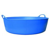 Large blue shallow tub with two sturdy handles, made of flexible plastic.