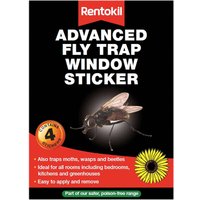 Rentokil Advanced Window Fly Trap with large fly image, black background, red Rentokil logo, and yellow flower graphic.