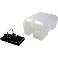 Black Rentokil rat trap with metal spring mechanism, next to a translucent lockable box.