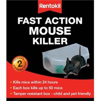 Rentokil Fast Action Mouse Killer box with black and red packaging, featuring a mouse image and product details.