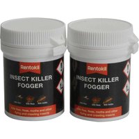 White Rentokil Insect Killer Foggers with black labels, red branding, and safety icons, in cylindrical containers.