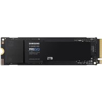 Black Samsung 990 EVO 2TB M.2 NVMe SSD with PCIe 4.0 interface and V-NAND TLC, featuring sleek design and gold connector.