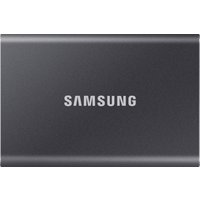 Grey Samsung Portable SSD T7 2TB with USB Type-C port, sleek rectangular design, and Samsung logo on top.