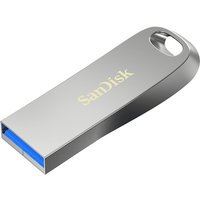 Silver SanDisk Ultra Luxe USB flash drive with keyring hole, blue USB Type-A connector, 512 GB capacity.