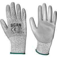 Gray Scan PU Coated Cut 3 Gloves with textured fabric back and smooth coated palm, green wrist trim.