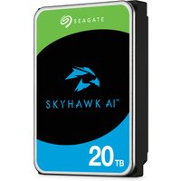 Seagate SkyHawk AI 20TB internal hard drive, black and green casing, blue bird logo, 7200 RPM.