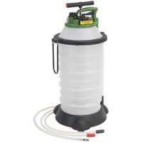 White Sealey vacuum oil extractor with green handle, black base, and attached hoses.