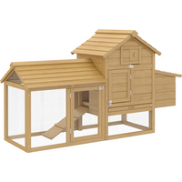 Wooden chicken coop with nesting box, outdoor run, slanted roof, and mesh sides, measuring 150.5 x 54 x 87cm.