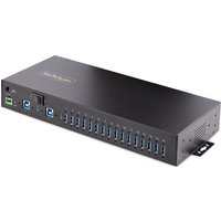 Black metal 16-port USB 3.0 hub with dual-host ports, ESD protection, and mounting options, by StarTech.com.
