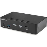 Black StarTech 2 Port DisplayPort KVM Switch with USB Hub, featuring two buttons, USB ports, and StarTech logo.