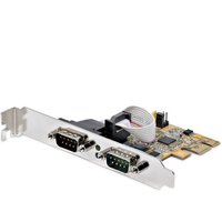 Dual-port PCIe serial card with two DB9 ports, green circuit board, and silver low/full profile brackets.