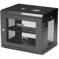 Black StarTech.com 2-Post 9U wall mount network cabinet with mesh door, side vents, and 1U shelf.