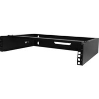 Black StarTech.com 2U wall mount network rack, 14-inch deep, low profile, open frame design with mounting holes.