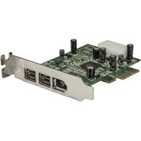 StarTech 3 Port Low Profile PCI Express FireWire Card Adapter with green circuit board and silver bracket.