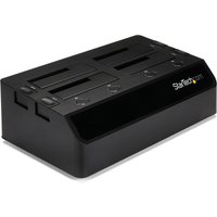 Black StarTech.com 4-bay USB 3.0 SATA docking station with top-loading slots and sleek rectangular design.