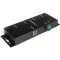 Black metal StarTech 4-port USB 3.0 hub with ESD protection, wall mountable, featuring USB-A ports and green connector.