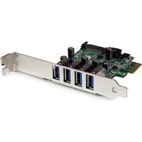 StarTech PCIe card with 4 USB 3.0 ports, green circuit board, silver bracket, and SATA power connector.