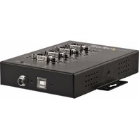 Black StarTech 4-port serial hub with USB to RS232/RS485/RS422 connections, metal casing, and Din rail mount.