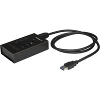 Black StarTech.com 4-port USB 3.0 hub with metal casing, 1 USB-C port, 3 USB-A ports, and attached USB Type-A cable.