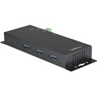 Black metal StarTech USB-C hub with 3 USB-A ports, 1 USB-C port, mountable design, and ESD protection.