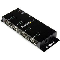 Black StarTech.com 4 Port USB to DB9 RS232 Serial Adapter Hub with DIN rail and wall mounting brackets.