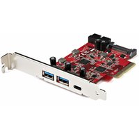 Red StarTech.com 5-Port USB PCIe Card with USB-C, 2 USB-A ports, and internal 2-port IDC header on a metal bracket.