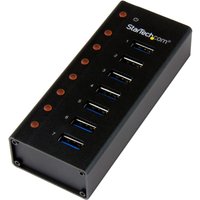 Black metal 7-port USB 3.0 hub with blue ports and red indicator lights, StarTech.com logo on top.