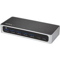 Black and silver StarTech.com 7 port USB-C hub with 5 USB-A and 2 USB-C ports, featuring a sleek rectangular design.