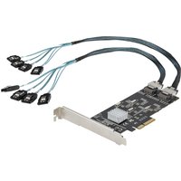 Black StarTech 8 Port SATA PCIe Card with silver heatsink and multiple attached SATA cables