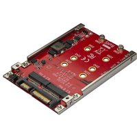 Red StarTech.com dual-slot M.2 to SATA adapter with visible connectors and mounting holes for 2.5" drive bay.