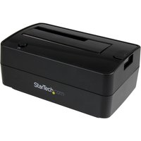 Black StarTech.com USB 3.1/eSATA to SATA docking station with top-loading bay for 2.5/3.5" HDD/SSD drives.