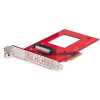 Red StarTech.com PCIe adapter card with silver bracket and connector for 2.5" U.3 NVMe SSDs, PCIe 4.0 x4 interface.