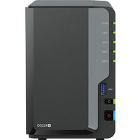 Black Synology DiskStation DS224+ NAS with Intel Celeron, front USB port, LED indicators, and sleek vertical design.