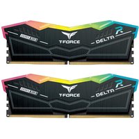 Black Team Group DELTA RGB DDR5 memory module, 32 GB, 2 x 16 GB, with colorful RGB lighting and sleek design.