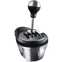 Black and metallic Thrustmaster gaming controller with a gear shift design, compatible with PC and multiple consoles.