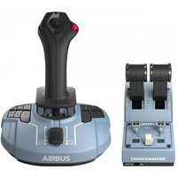 Black and blue Thrustmaster Airbus Edition joystick with throttle quadrant, USB connection, and multiple control buttons.