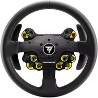 Black and yellow Thrustmaster Evo Racing 32R leather steering wheel for PC, PS4, PS5, Xbox with multiple buttons.