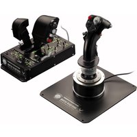 Thrustmaster Hotas Warthog black joystick with throttle control, metal base, and detailed buttons for PC gaming.