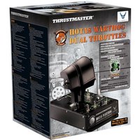 Thrustmaster HOTAS Warthog dual throttles, black with multiple switches and knobs, USB connection for PC flight simulation.
