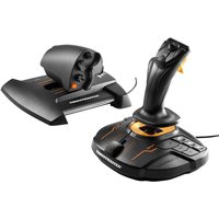 Black and orange Thrustmaster T-16000M FCS Hotas joystick and throttle with USB connection for PC gaming.
