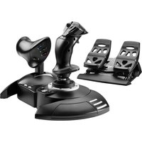 Black Thrustmaster T.Flight joystick with throttle and pedals, USB connection, designed for PC and Xbox gaming.