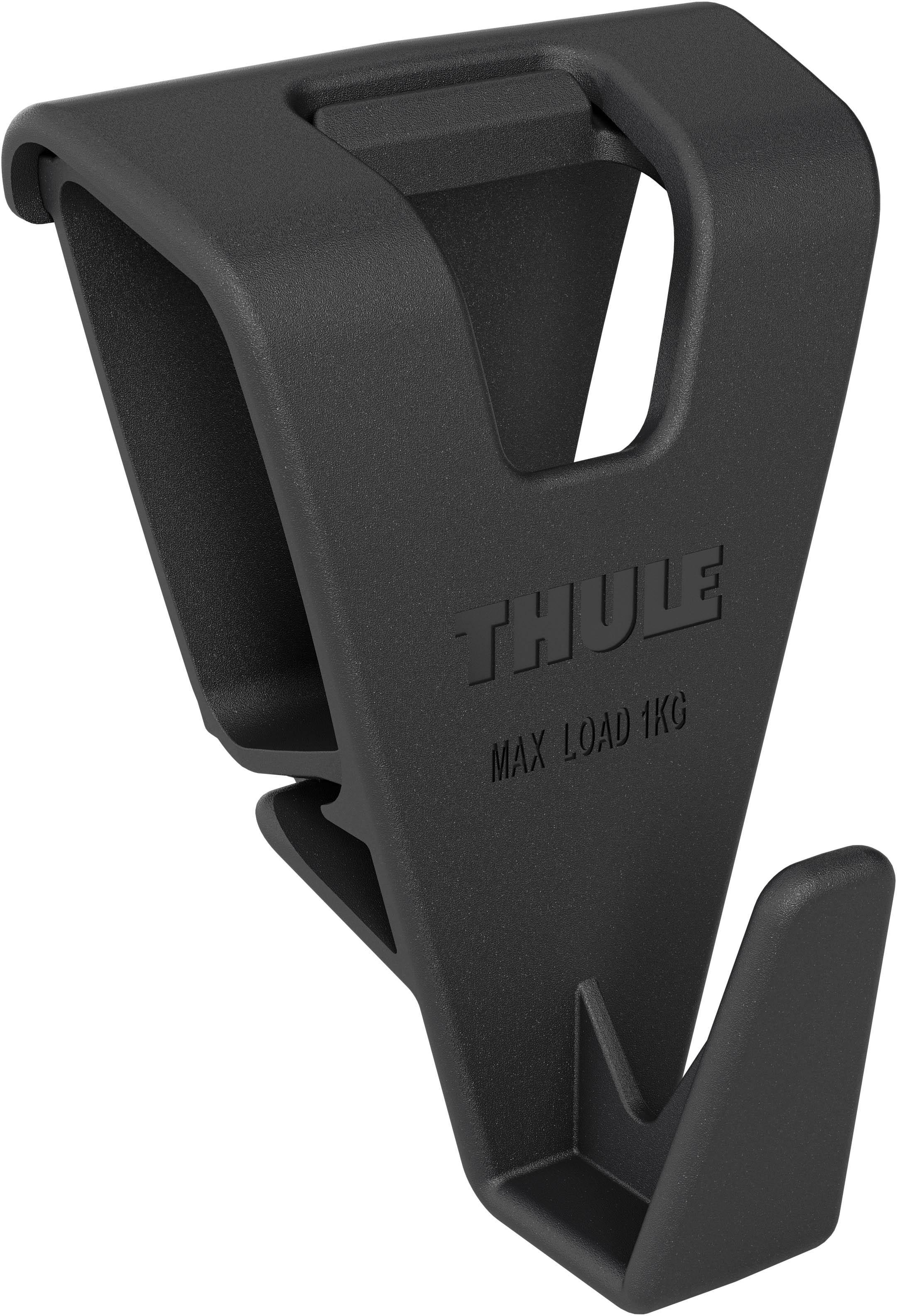 Black Thule Leash Hook with a V-shape design, embossed logo, and 1kg max load capacity, set of two.
